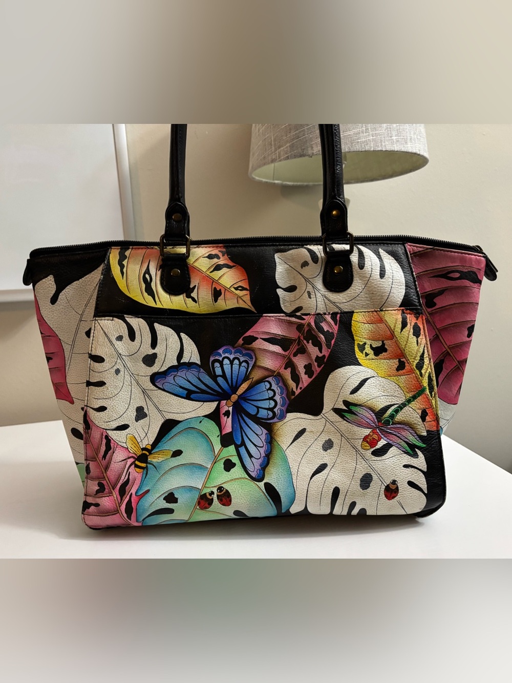 Anuschka Hand Painted Leather Tropical Butterfly Tote Bag Large Shoulder Purse